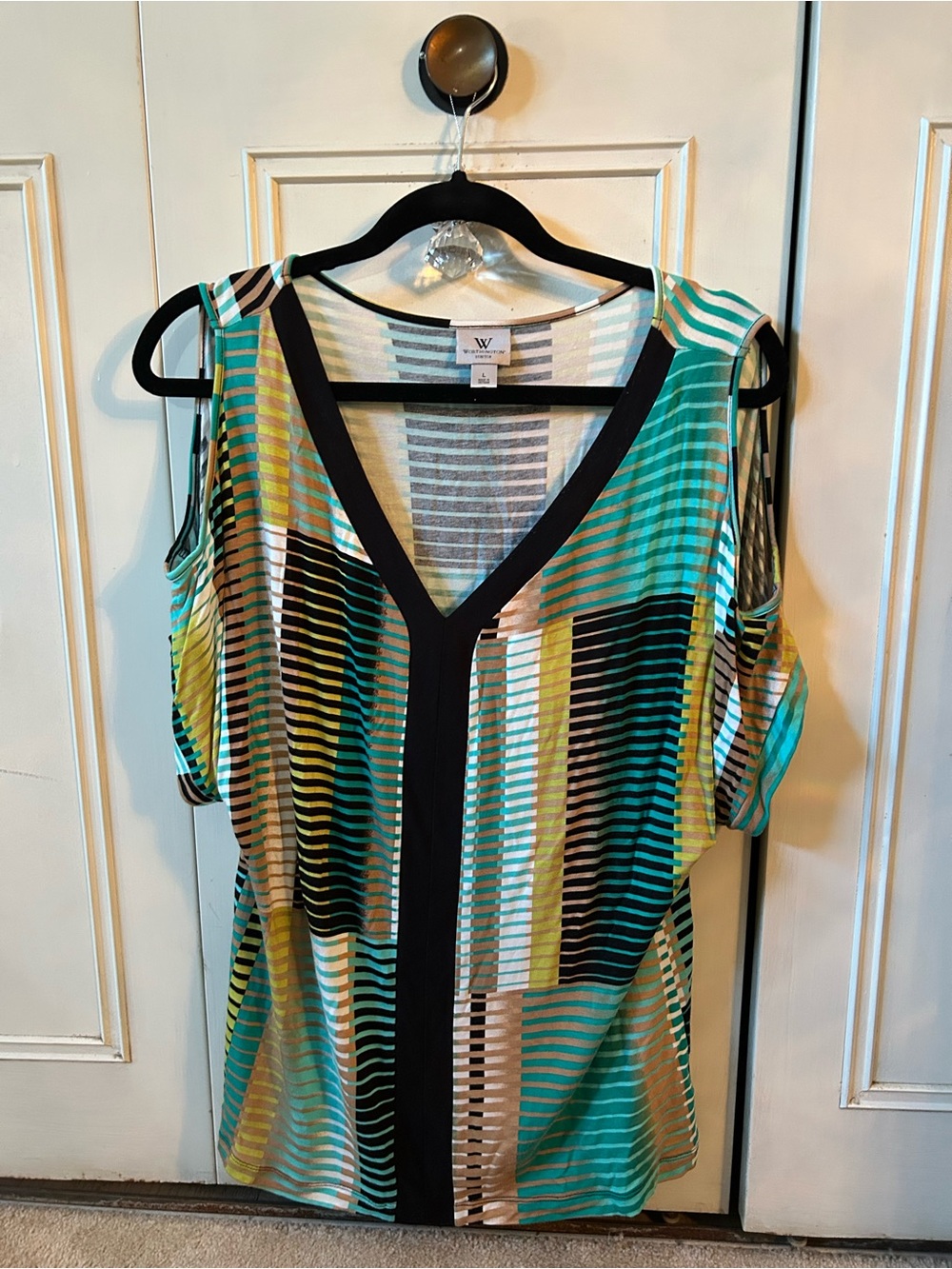 Worthington Women's Teal & Yellow Striped Cold-Shoulder V-Neck Top